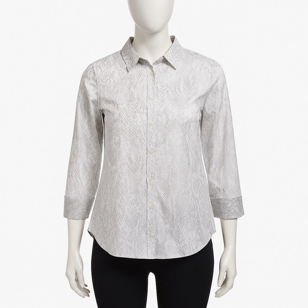 Chicos Shirt Women 12 Snakeskin Button Down 3/4 Sleeve Collared Top Gray Neutral